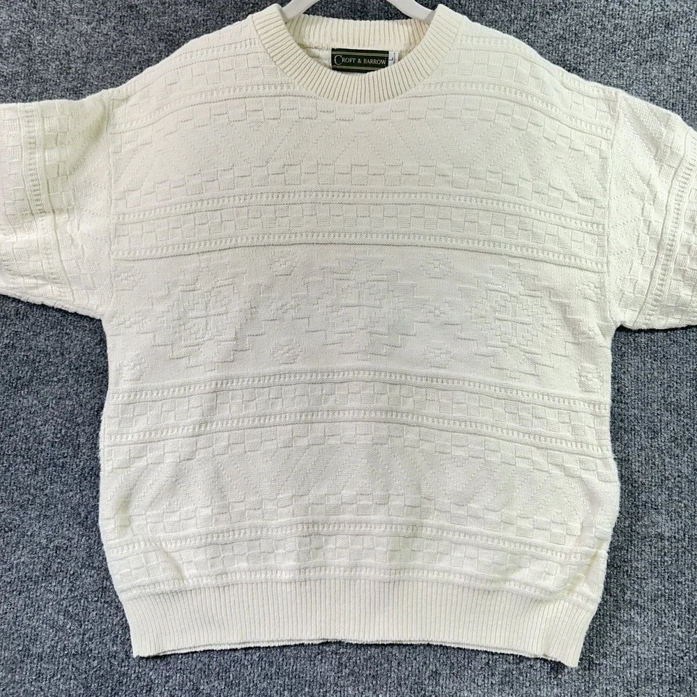 Croft Barrow 3D Knit Sweater Large White Geometric Fisherman Made USA Vintage 90